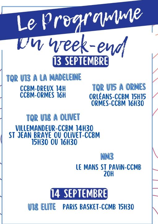 Prochainement le nouveau visuel des programmes des week-ends...En attendant, c'est la reprise des compétitions pour les équipes du CCBM et CCMB.