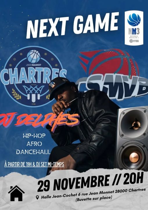 Affiche du prochain match de la NM3 du CCMB contre CHAMBRETAUD SAINT MALO VENDÉE BASKET. Nous vous attendons nombreux ce samedi à la Halle !