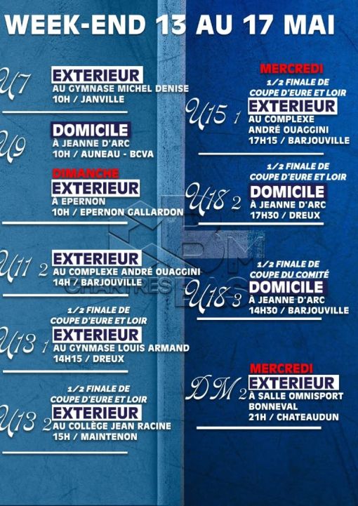 Rencontres qui débutent dès le mercredi avec ce long week-end.
De nombreuses équipes engagées dans la Coupe d'Eure et Loir et du comité. Venez nombreux les encourager 🏀