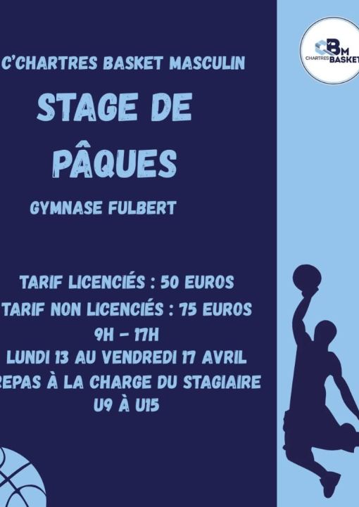 Bonjour à tous ! 👋

Le stage d'avril se déroulera du lundi 13 au vendredi 17 avril.
📍 Gymnase Fulbert — 9 rue des Hauts de Chartres, 28000 Chartres
⏰ 10h à 16h (accueil dès 9h, départ jusqu'à 17h)
👦 Catégories : U11, U13, U15 (et U9 2ème année)

🗓 Program