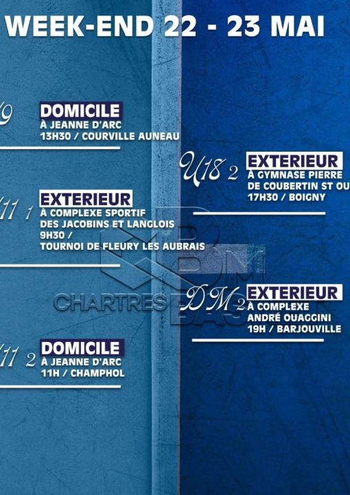 FINALE Inter-departementale pour nos U18 2...Venez nombreux 🔥
La première place se joue pour notre DM2 🤞
Dernières rencontres pour nos U9 et U11 2...on compte sur vous à la JA 🔥
Et on souhaite un bon Tournoi à nos U11 1 à Fleury les Aubrais avec leur coac
