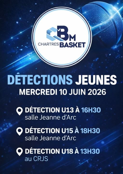 Détections pour la saison 2026/2027
U13 et U15 à la Salle Jeanne d'Arc 89 rue du Grand Faubourg 28000 Chartres
U18 au CRJS 10 rue Jean Monnet 28000 Chartres 
⚠️⚠️ UNIQUE DATE ⚠️⚠️
⚠️⚠️Pas besoin de s'inscrire ⚠️⚠️